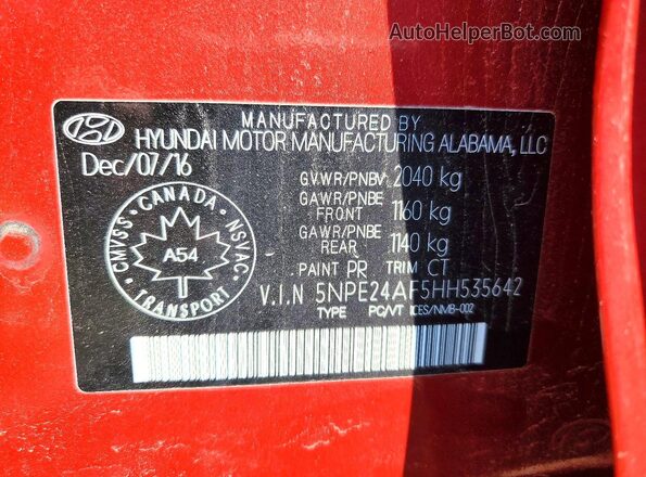 5NPE24AF5HH535642 2017 HYUNDAI SONATA Red VIN կոդի պիտակի տեսք