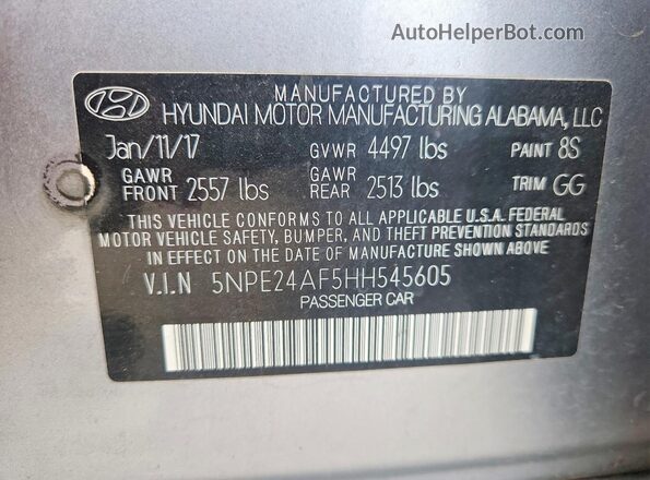 5NPE24AF5HH545605 2017 HYUNDAI SONATA Silver VIN კოდის სტიკერის ხედი