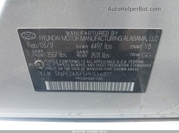 5NPE24AF5HH556877 2017 HYUNDAI SONATA Серебряный Вид подкапотного пространства