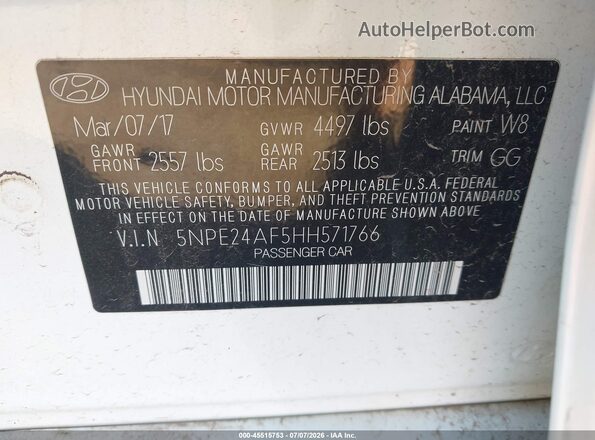 5NPE24AF5HH571766 2017 HYUNDAI SONATA White ძრავის განყოფილების ხედი