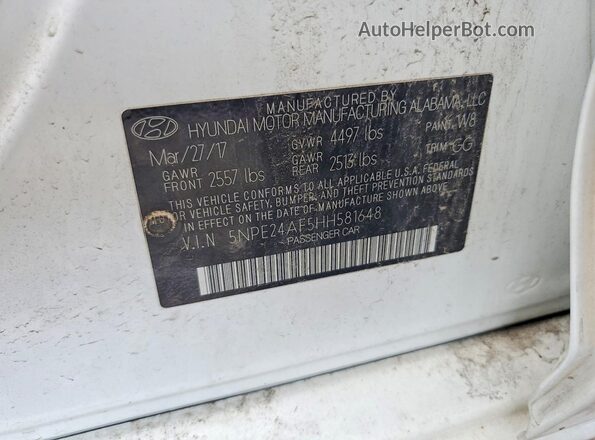 5NPE24AF5HH581648 2017 HYUNDAI SONATA White Widok komory silnika