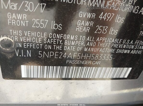 5NPE24AF5HH583335 2017 HYUNDAI SONATA Silver Vista del compartimento del motor