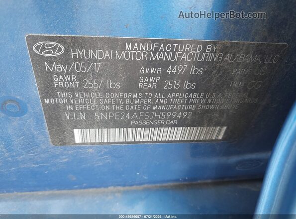 5NPE24AF5JH599492 2018 HYUNDAI SONATA Синий Вид подкапотного пространства