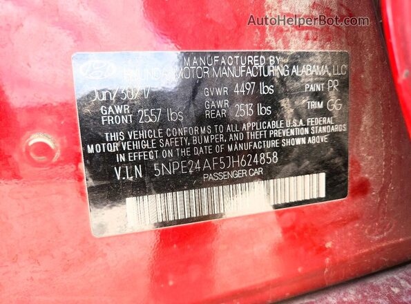 5NPE24AF5JH624858 2018 HYUNDAI SONATA Red Вид підкапотного простору