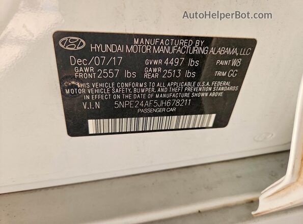 5NPE24AF5JH678211 2018 HYUNDAI SONATA White Widok komory silnika