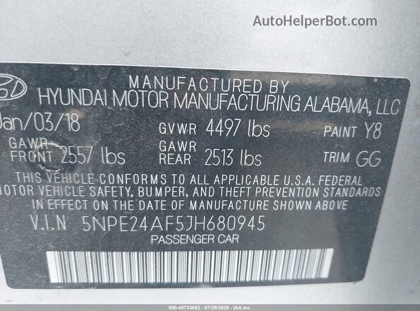 5NPE24AF5JH680945 2018 HYUNDAI SONATA Серебряный Вид подкапотного пространства