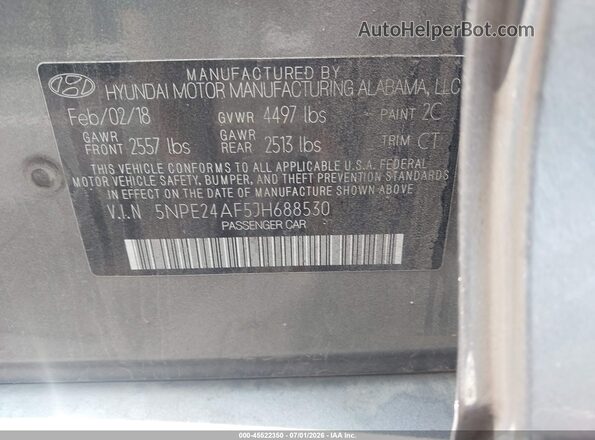 5NPE24AF5JH688530 2018 HYUNDAI SONATA Серый Вид подкапотного пространства