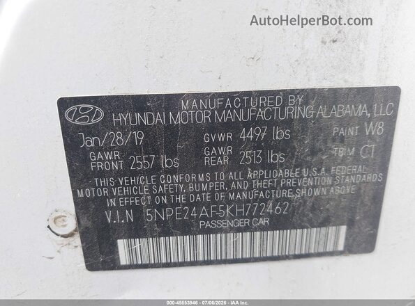 5NPE24AF5KH772462 2019 HYUNDAI SONATA White Շարժիչի բաժամունքի տեսք