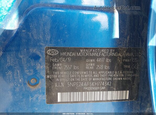 5NPE24AF5KH774342 2019 HYUNDAI SONATA Синий Вид подкапотного пространства