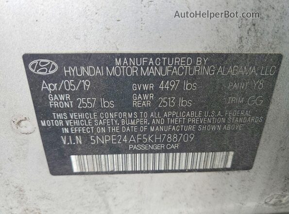 5NPE24AF5KH788709 2019 HYUNDAI SONATA Серебряный Вид наклейки с VIN-кодом