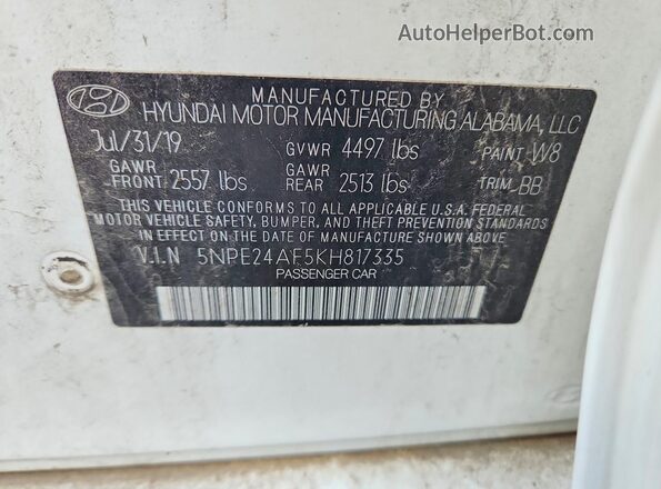 5NPE24AF5KH817335 2019 HYUNDAI SONATA Белый Вид подкапотного пространства