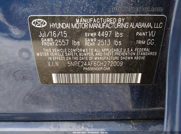 5NPE24AF6GH272009 2016 HYUNDAI SONATA Синий Вид подкапотного пространства