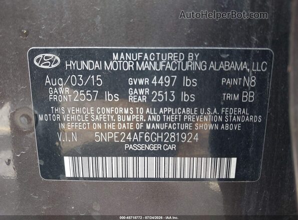 5NPE24AF6GH281924 2016 HYUNDAI SONATA Gray Widok komory silnika