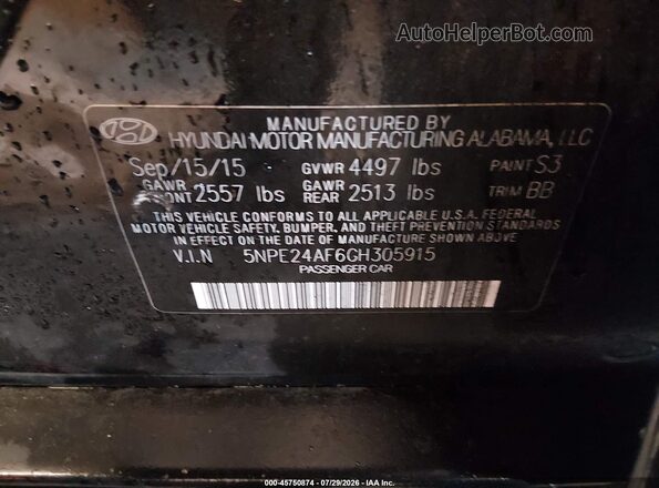 5NPE24AF6GH305915 2016 HYUNDAI SONATA Black Շարժիչի բաժամունքի տեսք