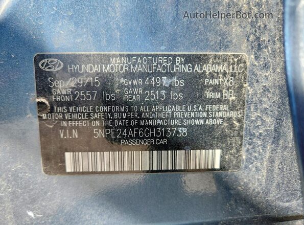 5NPE24AF6GH313738 2016 HYUNDAI SONATA Blue Vista del compartimento del motor