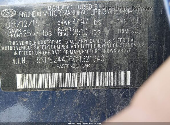 5NPE24AF6GH321340 2016 HYUNDAI SONATA Синий Вид подкапотного пространства
