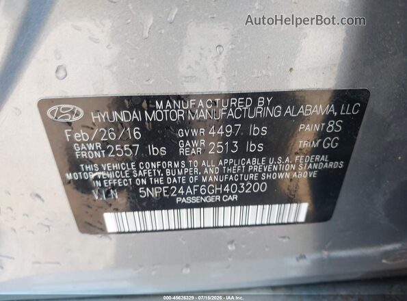 5NPE24AF6GH403200 2016 HYUNDAI SONATA Silver Vista del compartimento del motor