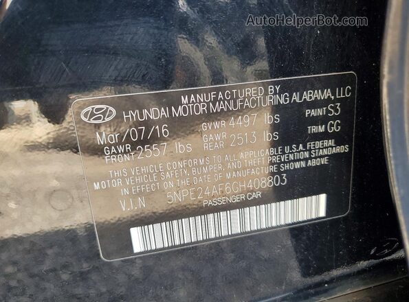5NPE24AF6GH408803 2016 HYUNDAI SONATA Black Vista del compartimento del motor