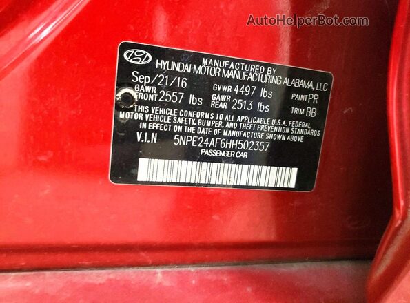 5NPE24AF6HH502357 2017 HYUNDAI SONATA Red VIN sticker view