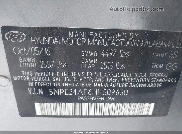5NPE24AF6HH509650 2017 HYUNDAI SONATA Gray Vista del compartimento del motor