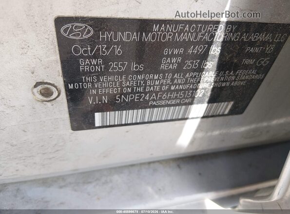 5NPE24AF6HH513102 2017 HYUNDAI SONATA Silver Вид підкапотного простору