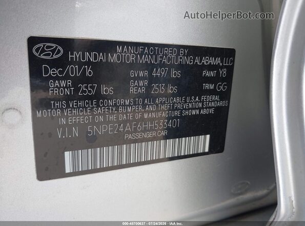 5NPE24AF6HH533401 2017 HYUNDAI SONATA Silver ძრავის განყოფილების ხედი