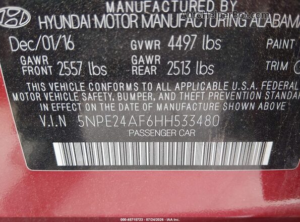 5NPE24AF6HH533480 2017 HYUNDAI SONATA Red Widok komory silnika