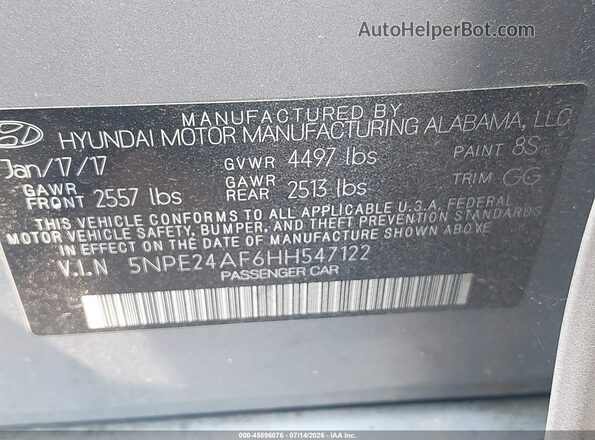 5NPE24AF6HH547122 2017 HYUNDAI SONATA Silver Շարժիչի բաժամունքի տեսք
