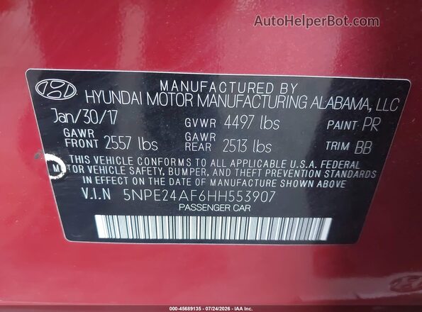 5NPE24AF6HH553907 2017 HYUNDAI SONATA Red Շարժիչի բաժամունքի տեսք