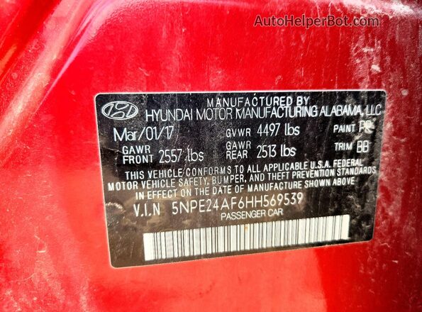 5NPE24AF6HH569539 2017 HYUNDAI SONATA Red Engine compartment view