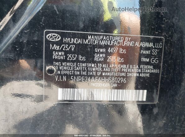 5NPE24AF6HH580296 2017 HYUNDAI SONATA Черный Вид подкапотного пространства