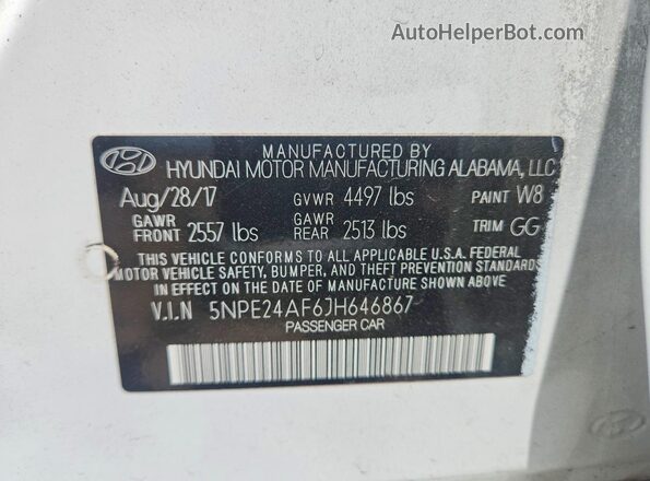 5NPE24AF6JH646867 2018 HYUNDAI SONATA White Widok naklejki z numerem VIN