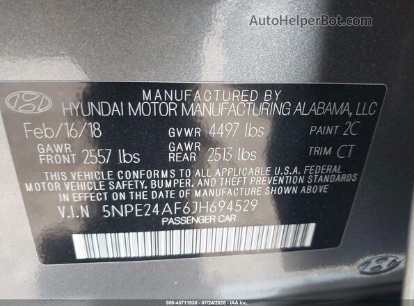 5NPE24AF6JH694529 2018 HYUNDAI SONATA Gray Շարժիչի բաժամունքի տեսք
