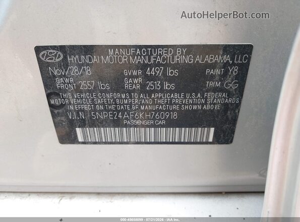 5NPE24AF6KH760918 2019 HYUNDAI SONATA Silver Widok komory silnika