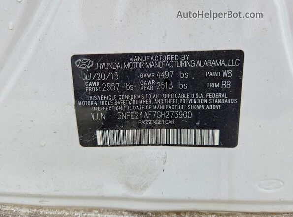 5NPE24AF7GH273900 2016 HYUNDAI SONATA White VIN կոդի պիտակի տեսք