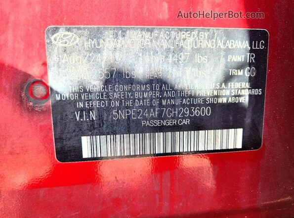 5NPE24AF7GH293600 2016 HYUNDAI SONATA Red Շարժիչի բաժամունքի տեսք