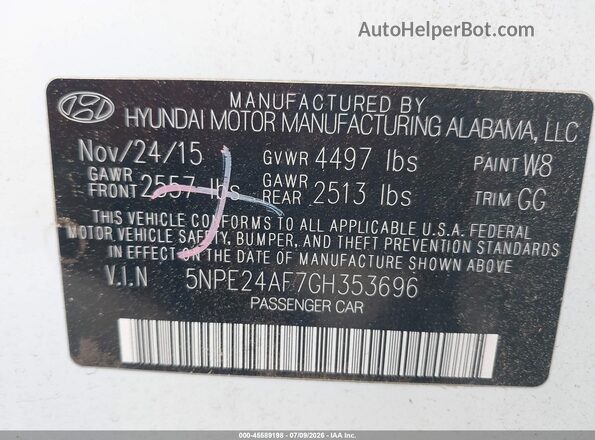 5NPE24AF7GH353696 2016 HYUNDAI SONATA White Widok komory silnika