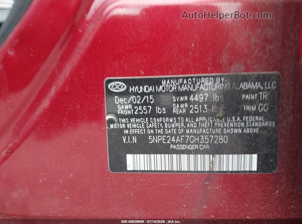 5NPE24AF7GH357280 2016 HYUNDAI SONATA Red Vista del compartimento del motor