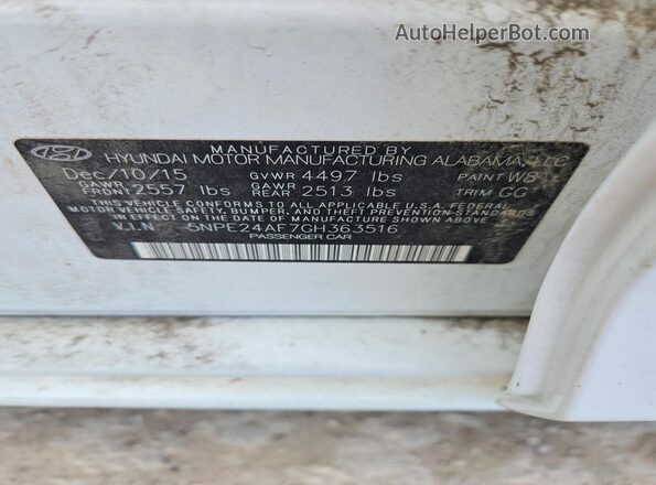 5NPE24AF7GH363516 2016 HYUNDAI SONATA White VIN sticker view