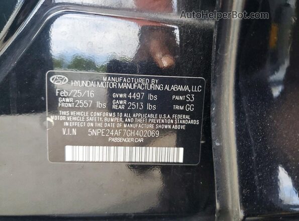 5NPE24AF7GH402069 2016 HYUNDAI SONATA Black ძრავის განყოფილების ხედი