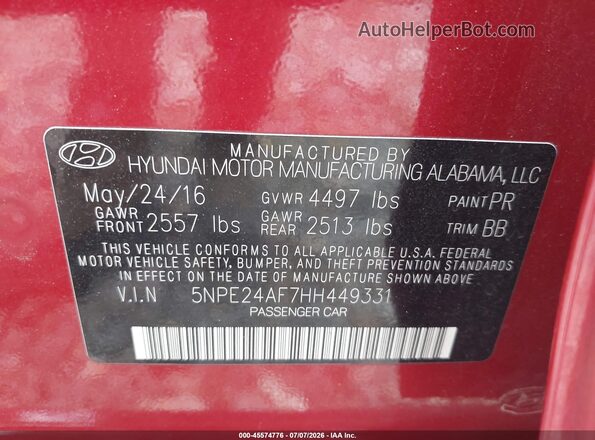 5NPE24AF7HH449331 2017 HYUNDAI SONATA Красный Вид подкапотного пространства