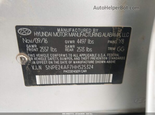 5NPE24AF7HH525324 2017 HYUNDAI SONATA Silver Vista del compartimento del motor