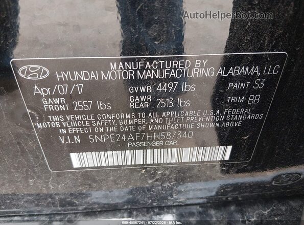 5NPE24AF7HH587340 2017 HYUNDAI SONATA Black Engine compartment view