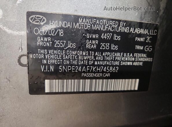5NPE24AF7KH745862 2019 HYUNDAI SONATA Серый Вид подкапотного пространства