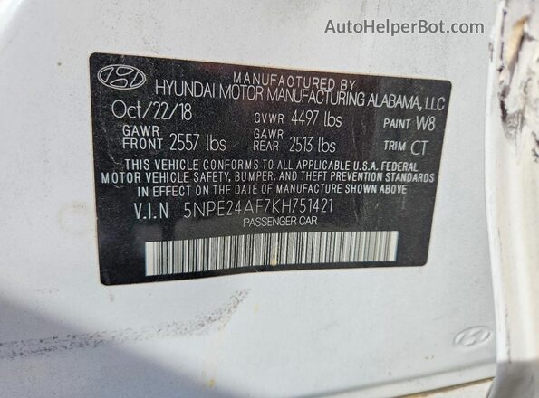 5NPE24AF7KH751421 2019 HYUNDAI SONATA Белый Вид подкапотного пространства