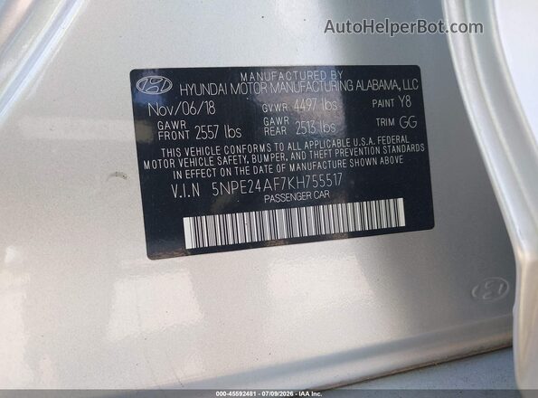 5NPE24AF7KH755517 2019 HYUNDAI SONATA Silver Engine compartment view
