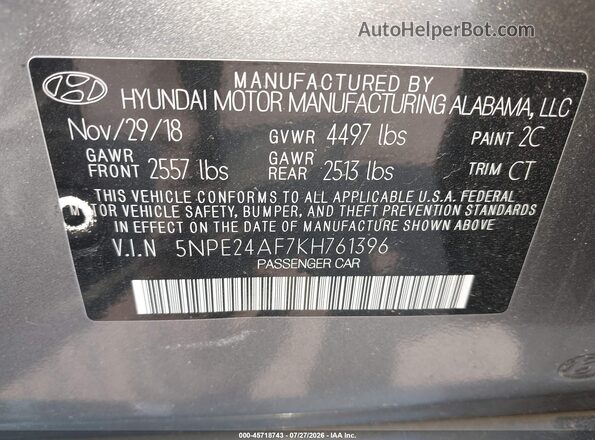 5NPE24AF7KH761396 2019 HYUNDAI SONATA Gray Widok komory silnika