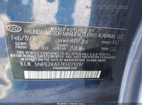 5NPE24AF7KH779297 2019 HYUNDAI SONATA Синий Вид подкапотного пространства