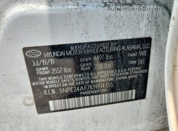 5NPE24AF7KH814355 2019 HYUNDAI SONATA Белый Вид подкапотного пространства