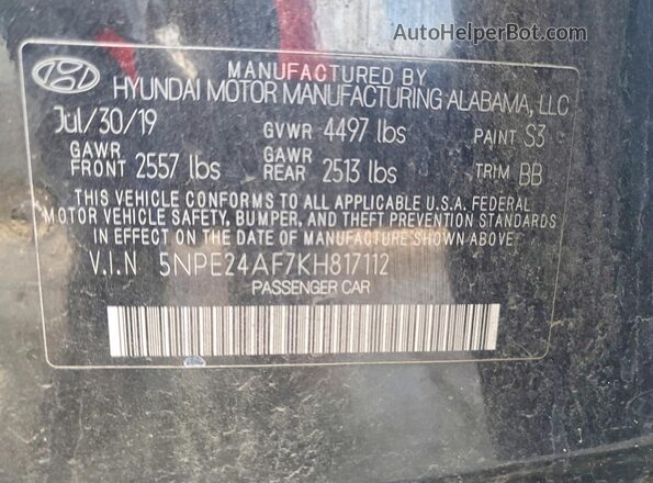 5NPE24AF7KH817112 2019 HYUNDAI SONATA Black ძრავის განყოფილების ხედი